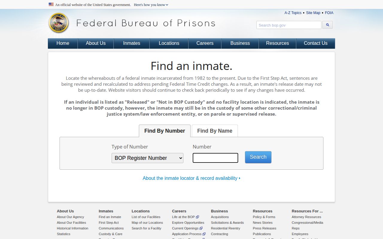 BOP federal release locator for a Jefferson County federal custody check